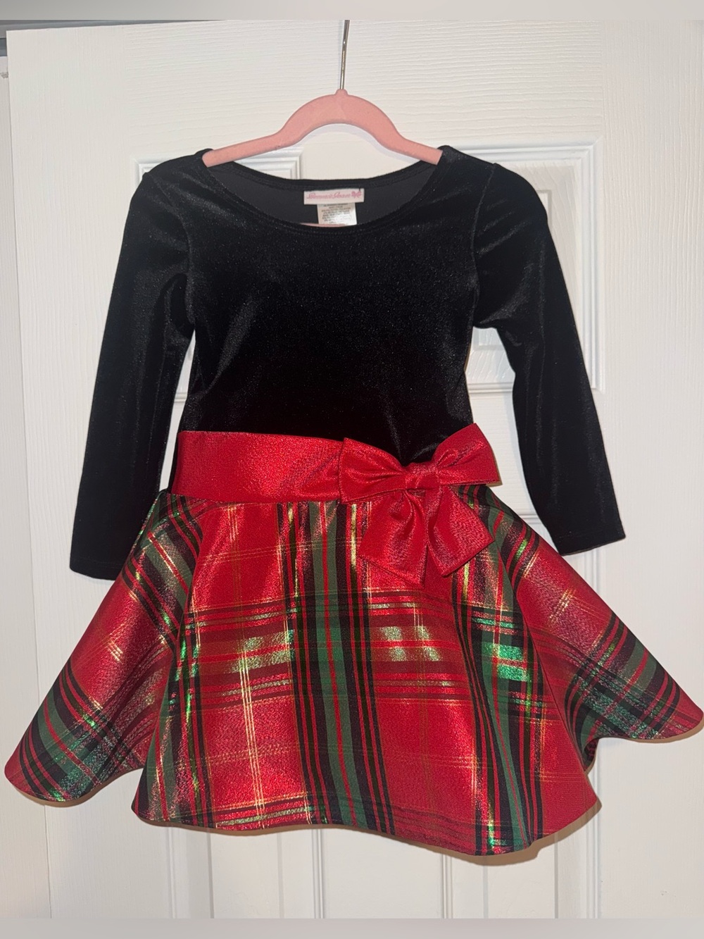 Bonnie Jean Holiday Velvet & Plaid Dress with Red Bow (Size 3T)
